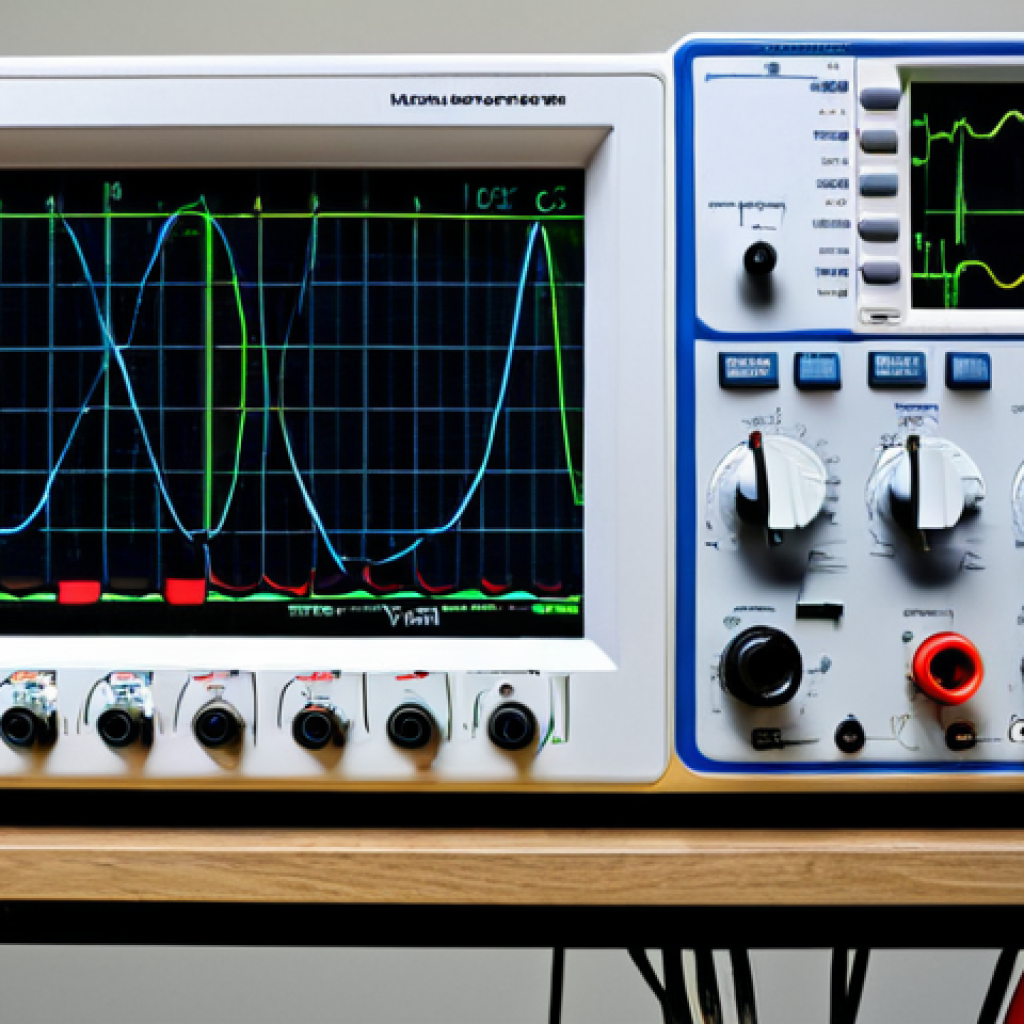 전기회로 실험실 기기 사용법 - **Prompt:** "A well-equipped electronics lab, featuring a multimeter displaying voltage readings, a ...