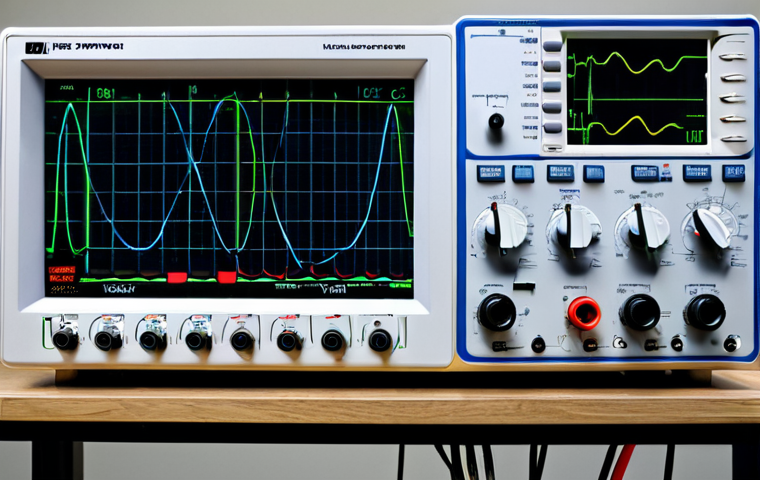 전기회로 실험실 기기 사용법 - **Prompt:** "A well-equipped electronics lab, featuring a multimeter displaying voltage readings, a ...