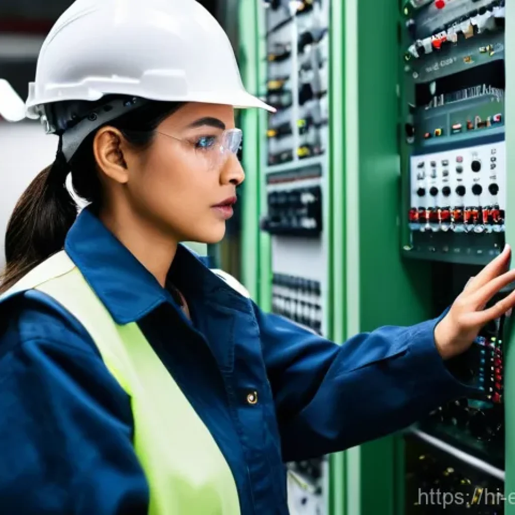 전기 시스템 분석 기기 - **Prompt:** "A highly skilled female electrical engineer, wearing a practical work uniform including...