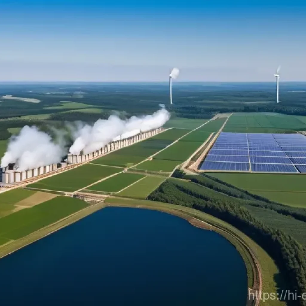 전력 전송 및 분배 - **"A vibrant, wide-angle shot of a sprawling power generation complex. In the foreground, a large th...