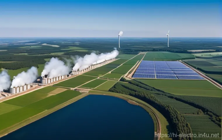 전력 전송 및 분배 - **"A vibrant, wide-angle shot of a sprawling power generation complex. In the foreground, a large th...