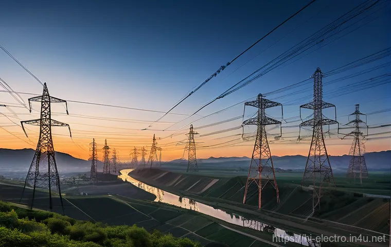 전력 전송 및 분배 - **"A vibrant, wide-angle shot of a sprawling power generation complex. In the foreground, a large th...