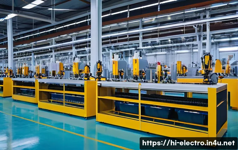 전기기기 제조 과정 - A high-tech electric equipment manufacturing assembly line inside a modern factory in India, showcas...