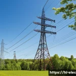 Home 18 전력선 해석 - A detailed high-voltage electrical transmission tower standing tall against a clear blue sky, featur...