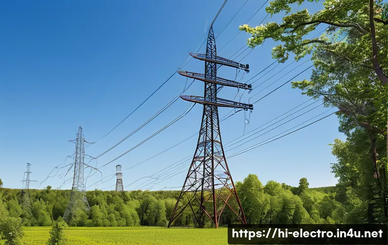 전력선 해석 - A detailed high-voltage electrical transmission tower standing tall against a clear blue sky, featur...