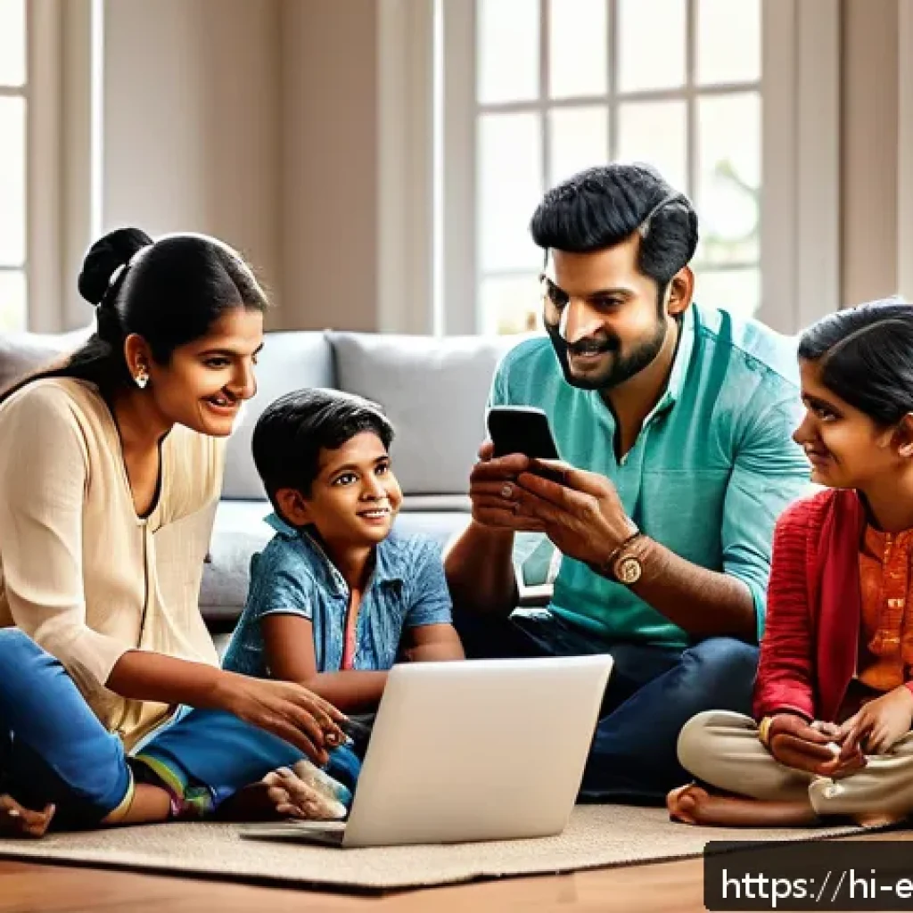 디지털 신호의 처리 및 분석 - A modern Indian family using various smart devices at home, including a smartphone displaying a clea...