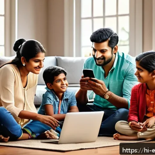 Home 29 디지털 신호의 처리 및 분석 - A modern Indian family using various smart devices at home, including a smartphone displaying a clea...