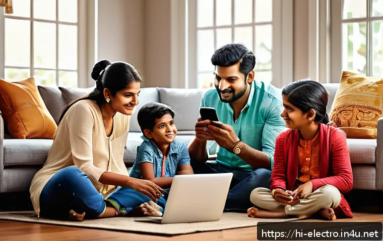 디지털 신호의 처리 및 분석 - A modern Indian family using various smart devices at home, including a smartphone displaying a clea...