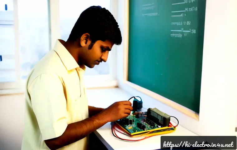 전기 회로 해석 기법 - Photorealistic Indian electrical engineering student analyzing a simple circuit board on a clean wor...